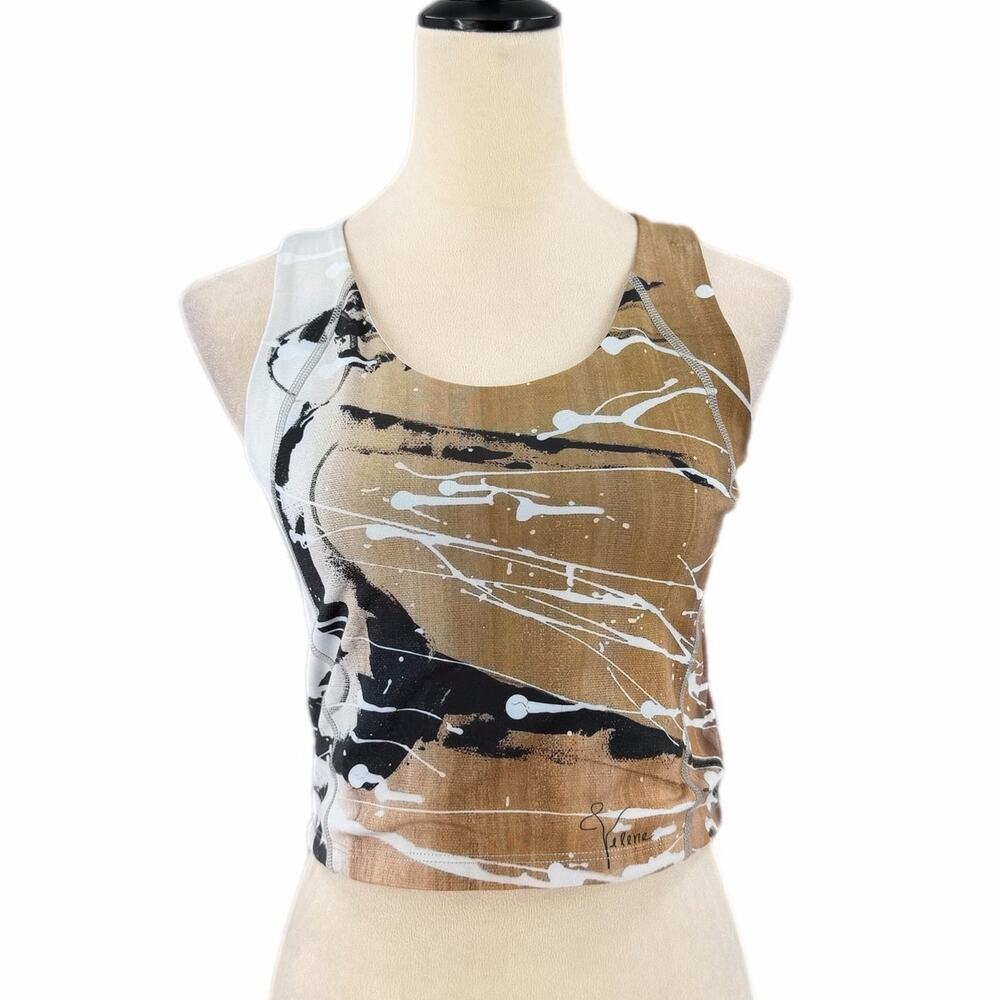 Velene NEW Black Brown Art Splatter Racerback Cropped Athletic Workout Bra Tank